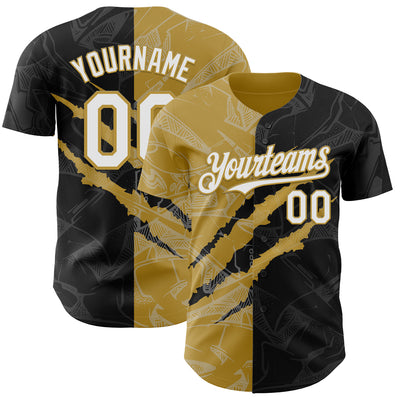 Custom Graffiti Pattern White Black-Old Gold 3D Scratch Authentic Baseball Jersey