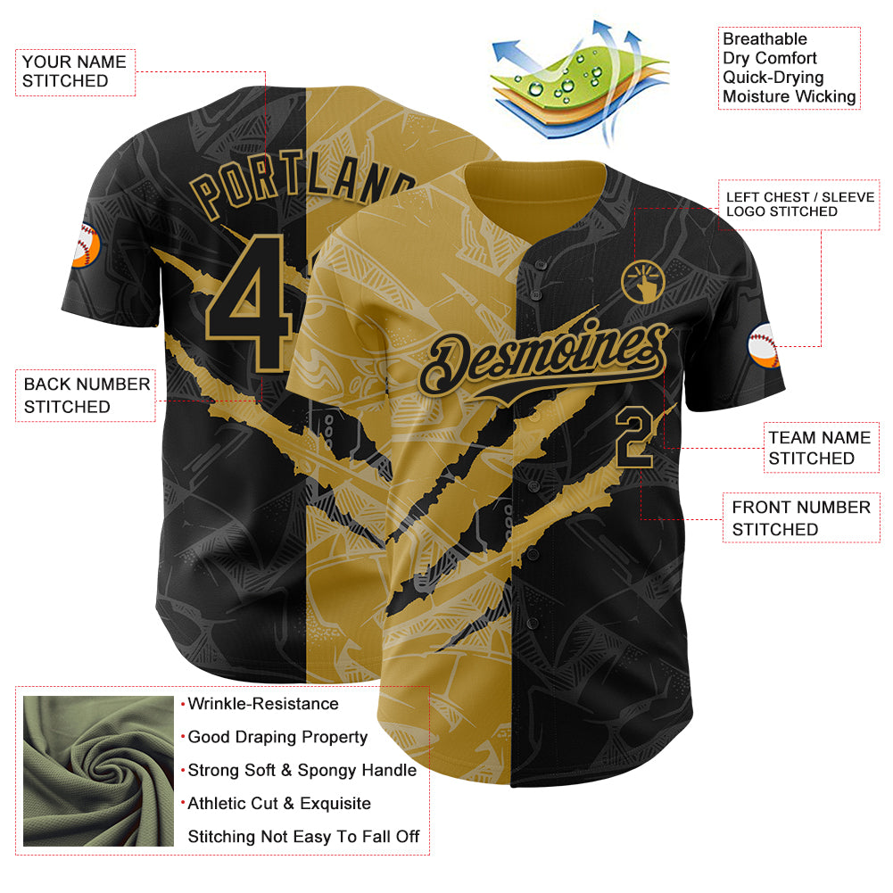 Custom Graffiti Pattern Black-Old Gold 3D Scratch Authentic Baseball Jersey