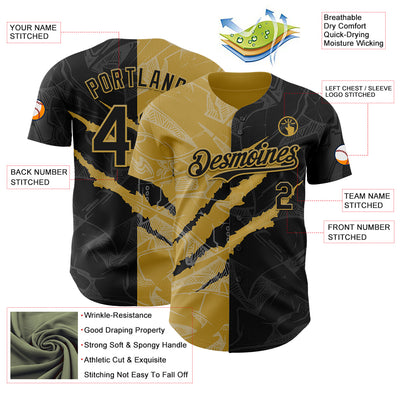 Custom Graffiti Pattern Black-Old Gold 3D Scratch Authentic Baseball Jersey
