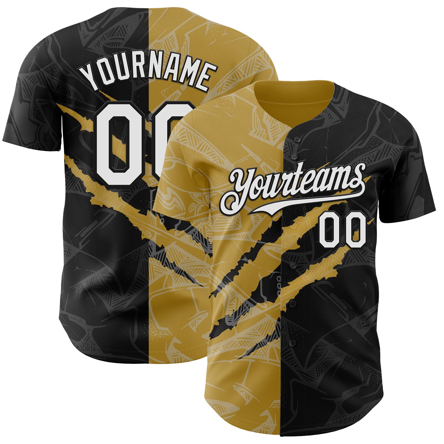 Custom Graffiti Pattern White Black-Old Gold 3D Scratch Authentic Baseball Jersey