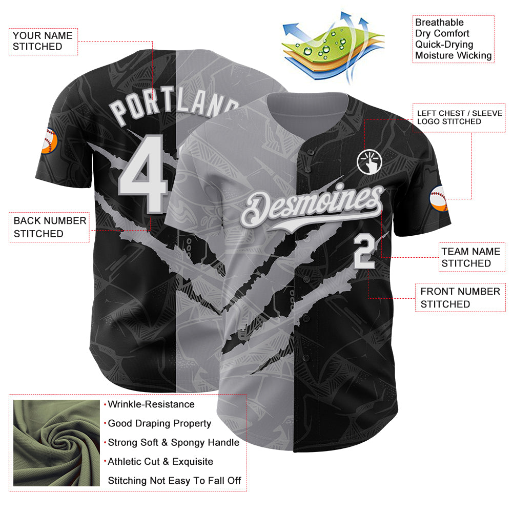 Custom Graffiti Pattern White Black-Gray 3D Scratch Authentic Baseball Jersey