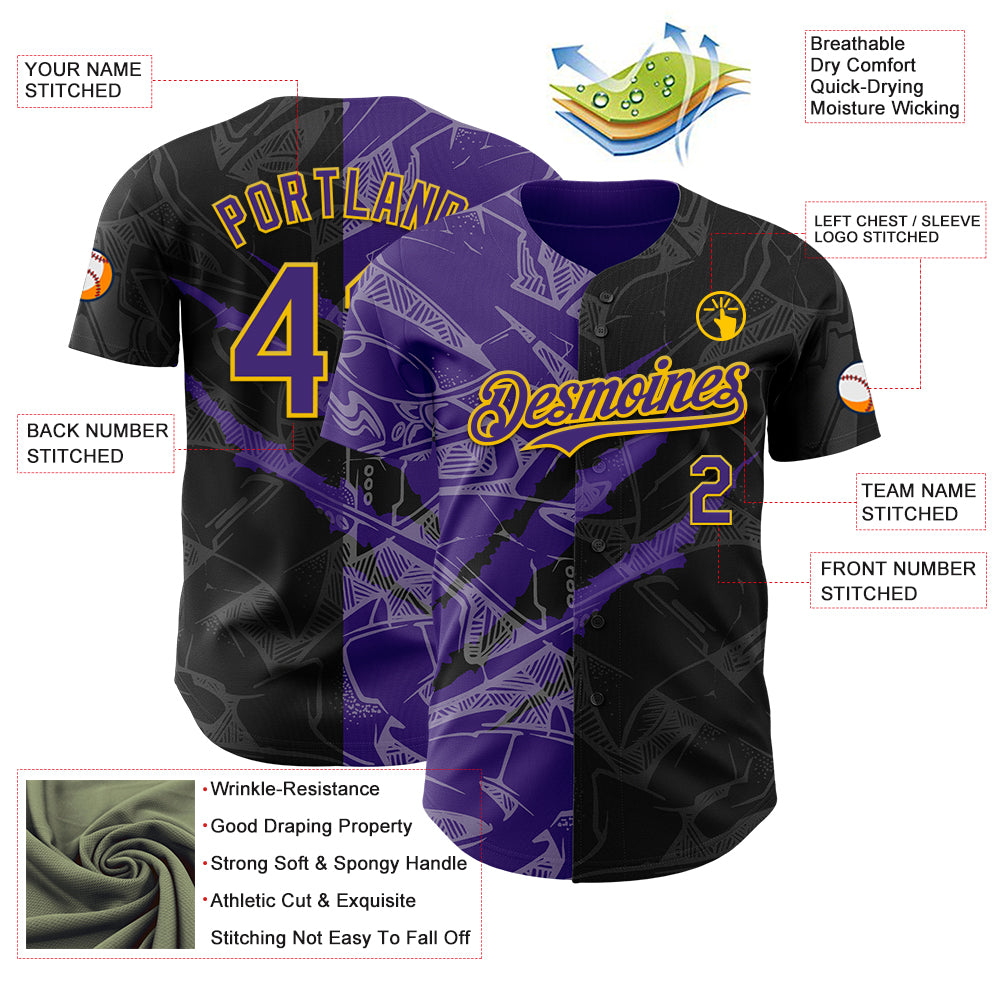 Custom Graffiti Pattern Purple Black-Yellow 3D Scratch Authentic Baseball Jersey