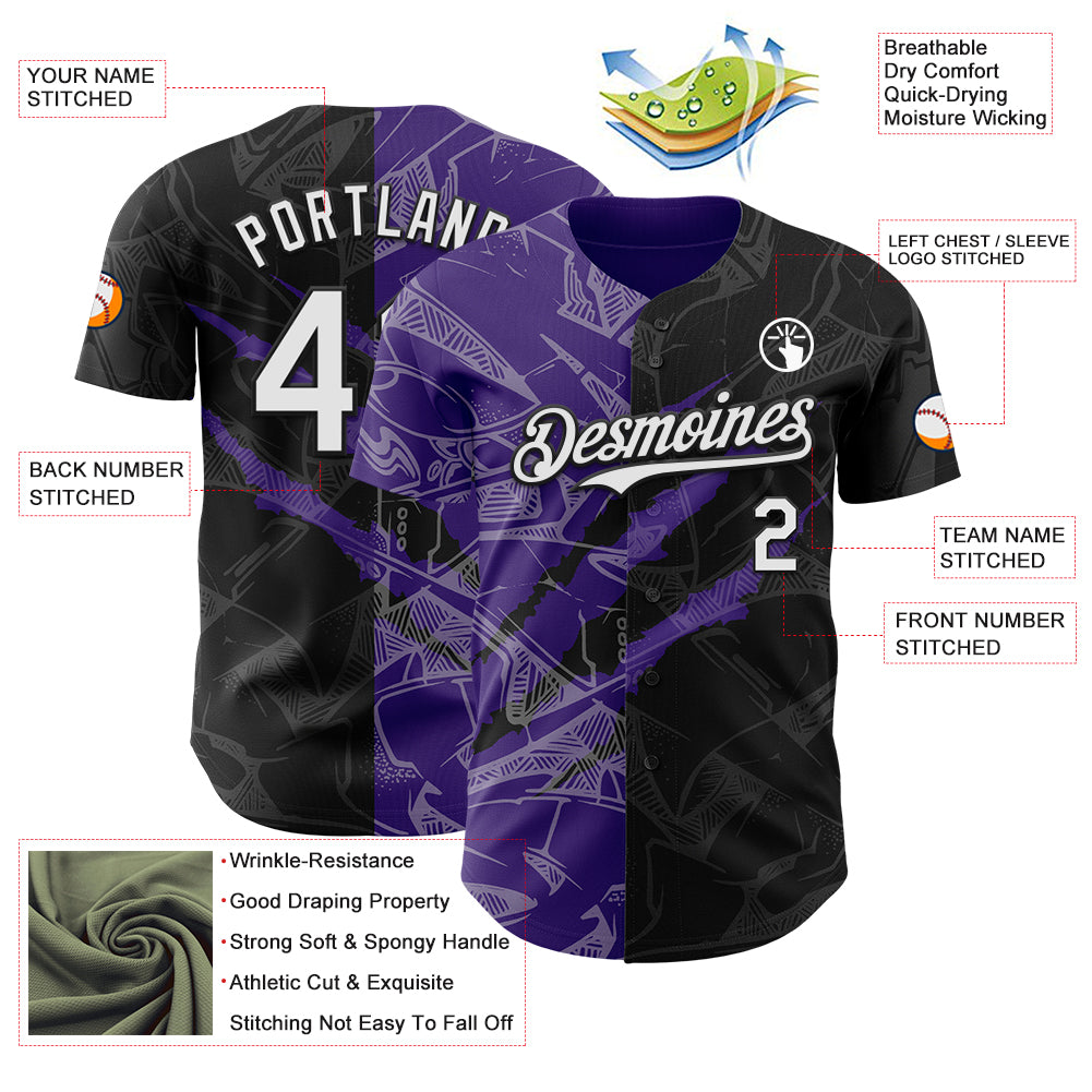 Custom Graffiti Pattern White Black-Purple 3D Scratch Authentic Baseball Jersey