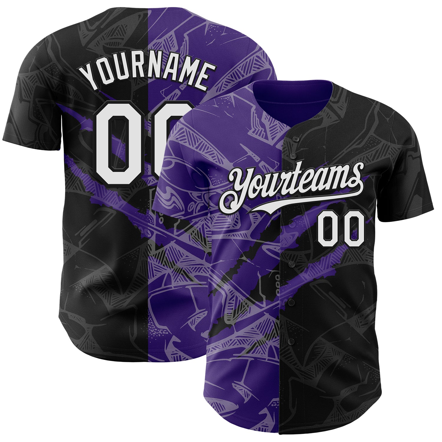 Custom Graffiti Pattern White Black-Purple 3D Scratch Authentic Baseball Jersey
