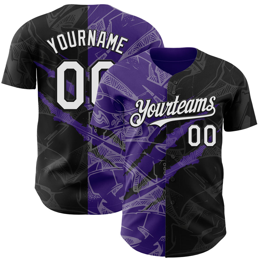 Custom Graffiti Pattern White Black-Purple 3D Scratch Authentic Baseball Jersey