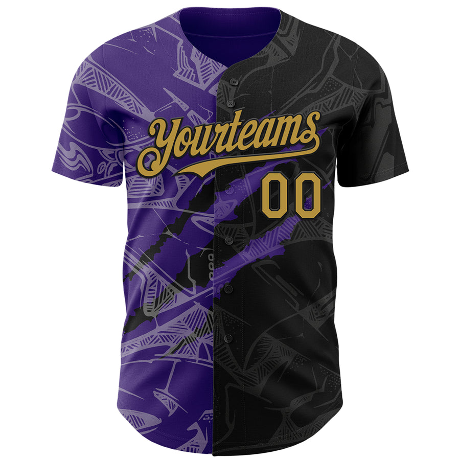 Custom Graffiti Pattern Old Gold Black-Purple 3D Scratch Authentic Baseball Jersey