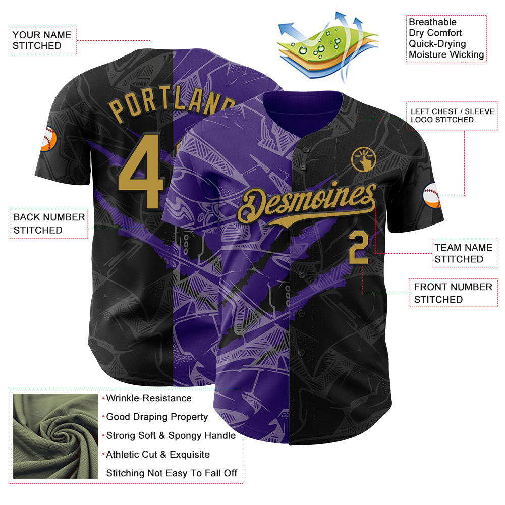 Custom Graffiti Pattern Old Gold Black-Purple 3D Scratch Authentic Baseball Jersey
