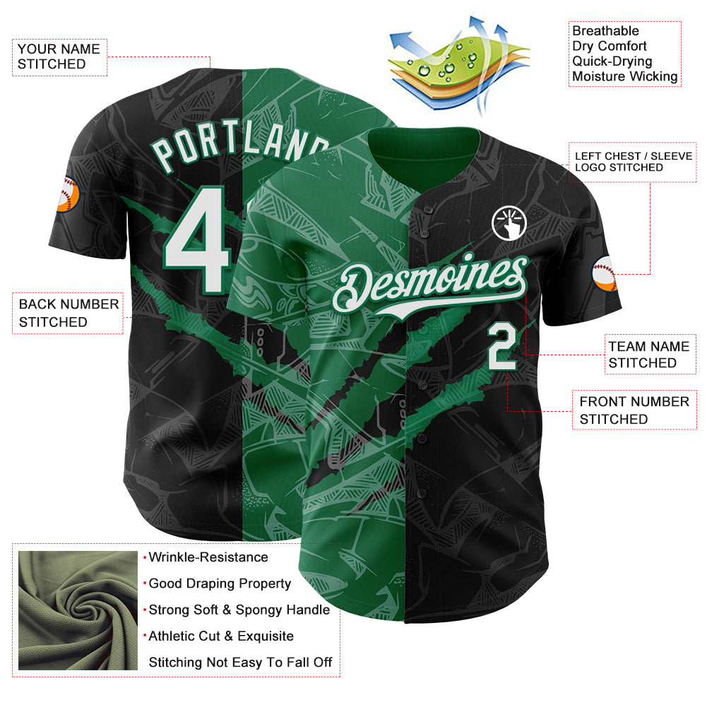 Custom Graffiti Pattern White Black-Kelly Green 3D Scratch Authentic Baseball Jersey