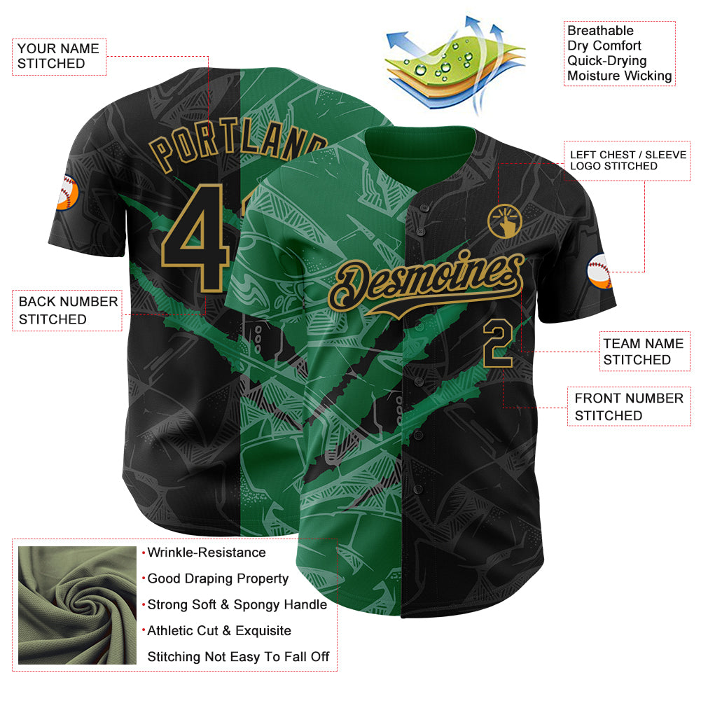 Custom Graffiti Pattern Black Kelly Green-Old Gold 3D Scratch Authentic Baseball Jersey