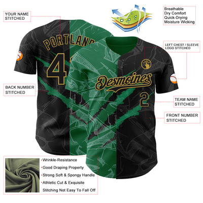 Custom Graffiti Pattern Black Kelly Green-Old Gold 3D Scratch Authentic Baseball Jersey