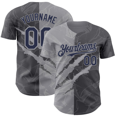 Custom Graffiti Pattern Navy Steel Gray-Gray 3D Scratch Authentic Baseball Jersey