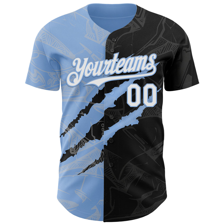 Custom Graffiti Pattern White Black-Light Blue 3D Scratch Authentic Baseball Jersey