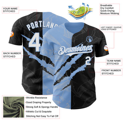 Custom Graffiti Pattern White Black-Light Blue 3D Scratch Authentic Baseball Jersey