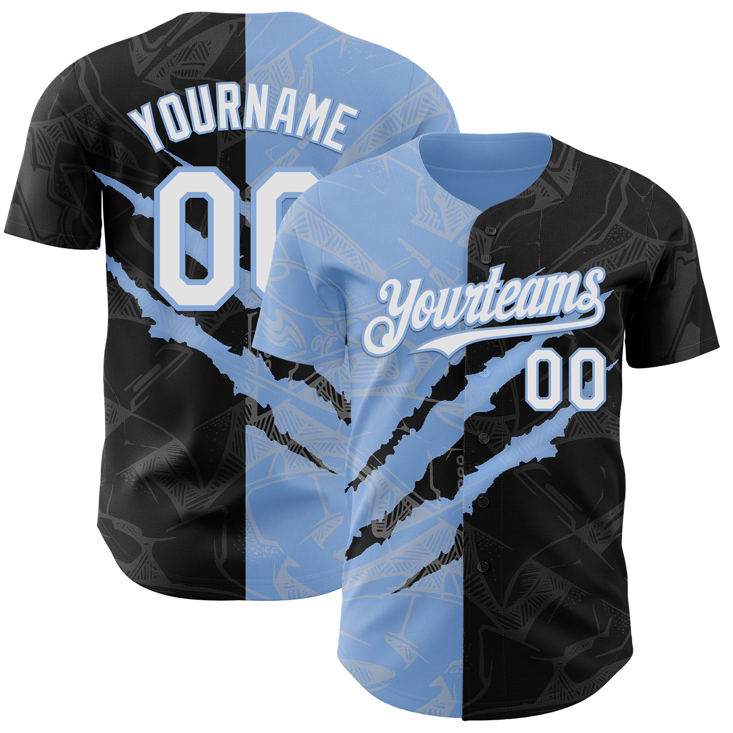 Custom Graffiti Pattern White Black-Light Blue 3D Scratch Authentic Baseball Jersey