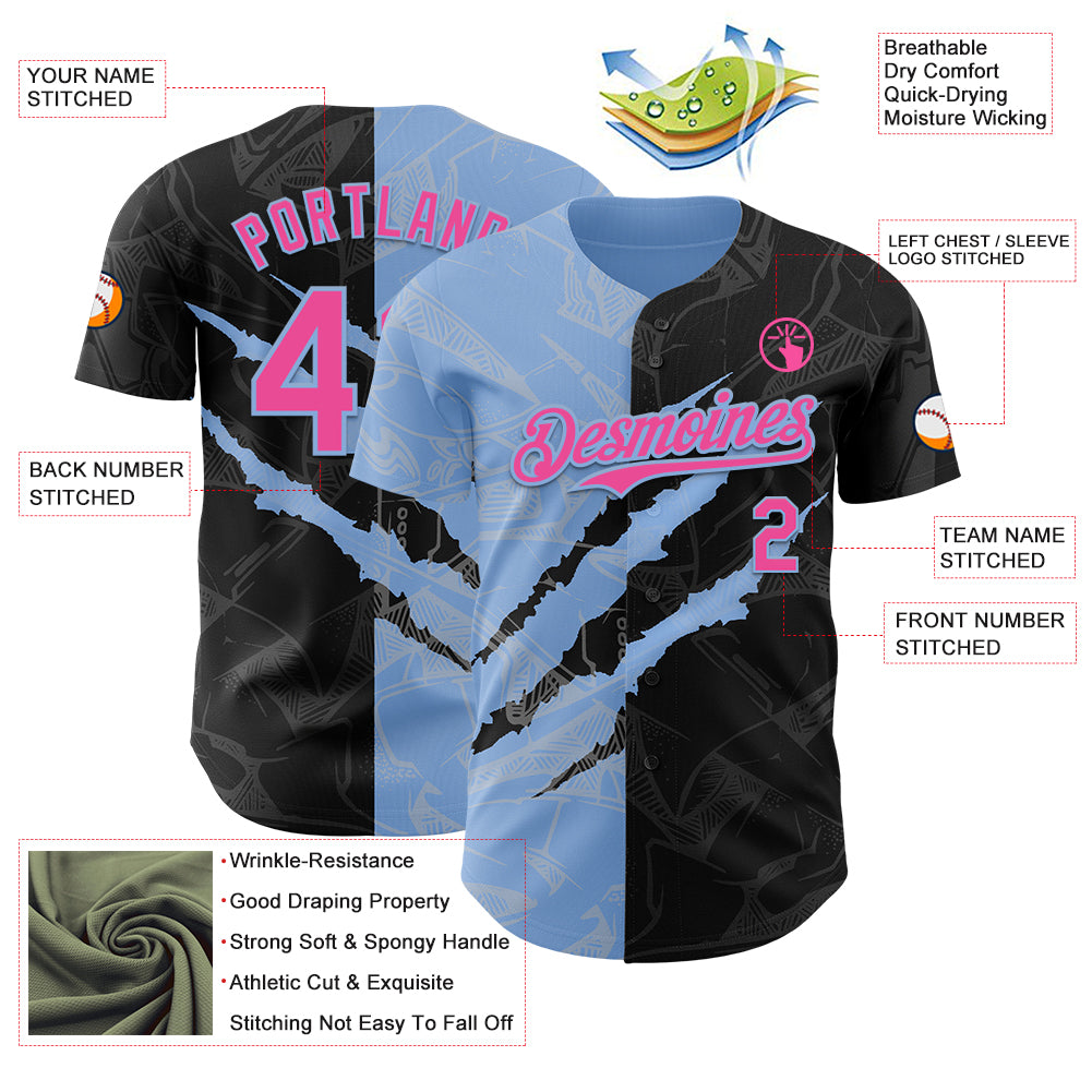 Custom Graffiti Pattern Pink Black-Light Blue 3D Scratch Authentic Baseball Jersey