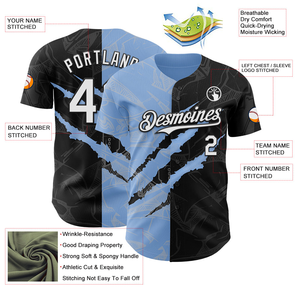 Custom Graffiti Pattern White Black-Light Blue 3D Scratch Authentic Baseball Jersey