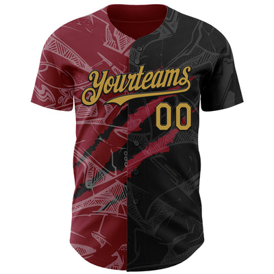 Custom Graffiti Pattern Old Gold Black-Crimson 3D Scratch Authentic Baseball Jersey