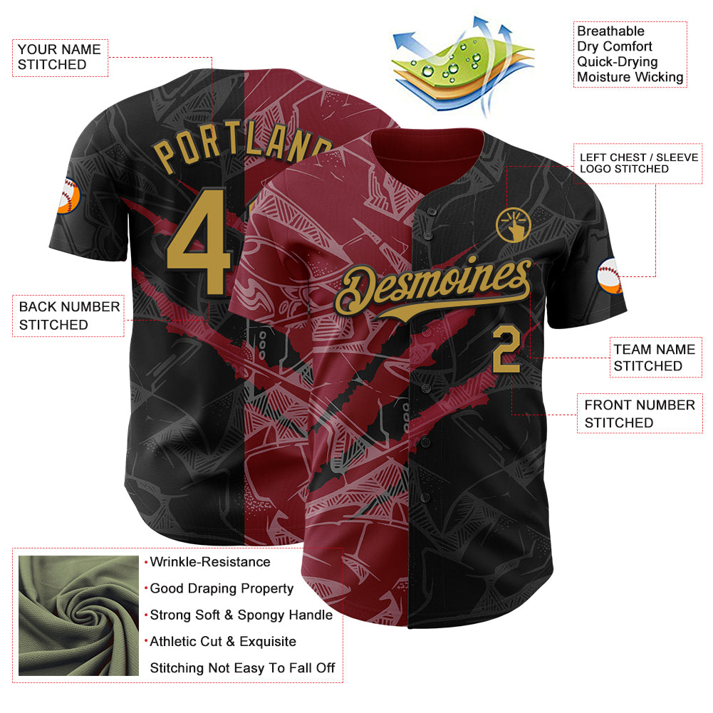 Custom Graffiti Pattern Old Gold Black-Crimson 3D Scratch Authentic Baseball Jersey