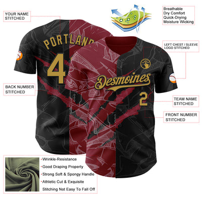 Custom Graffiti Pattern Old Gold Black-Crimson 3D Scratch Authentic Baseball Jersey