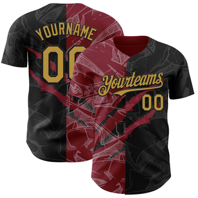 Custom Graffiti Pattern Old Gold Black-Crimson 3D Scratch Authentic Baseball Jersey