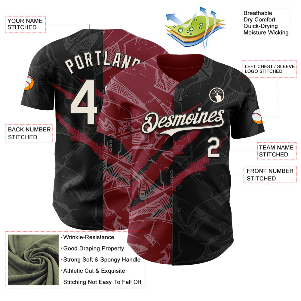 Custom Graffiti Pattern Cream Black-Crimson 3D Scratch Authentic Baseball Jersey