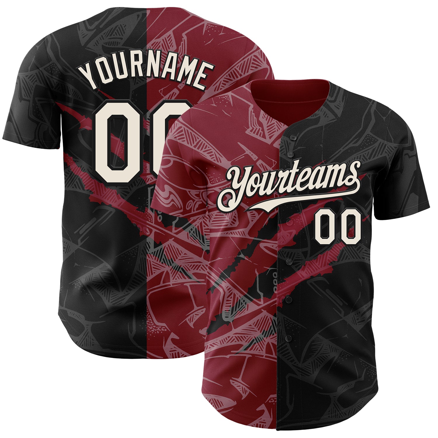 Custom Graffiti Pattern Cream Black-Crimson 3D Scratch Authentic Baseball Jersey