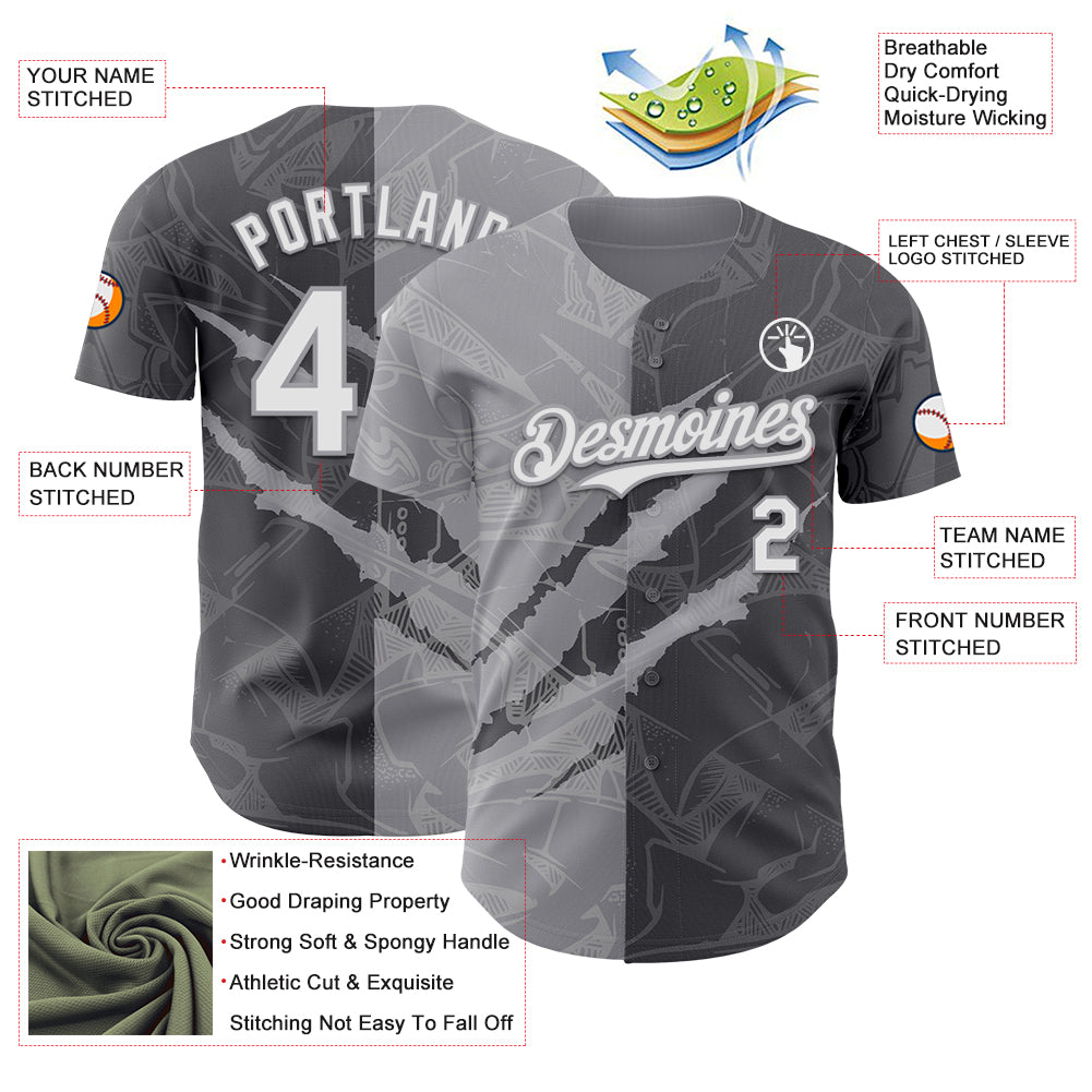 Custom Graffiti Pattern White Steel Gray-Gray 3D Scratch Authentic Baseball Jersey