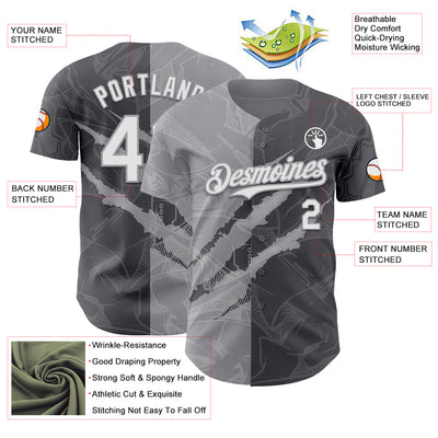 Custom Graffiti Pattern White Steel Gray-Gray 3D Scratch Authentic Baseball Jersey