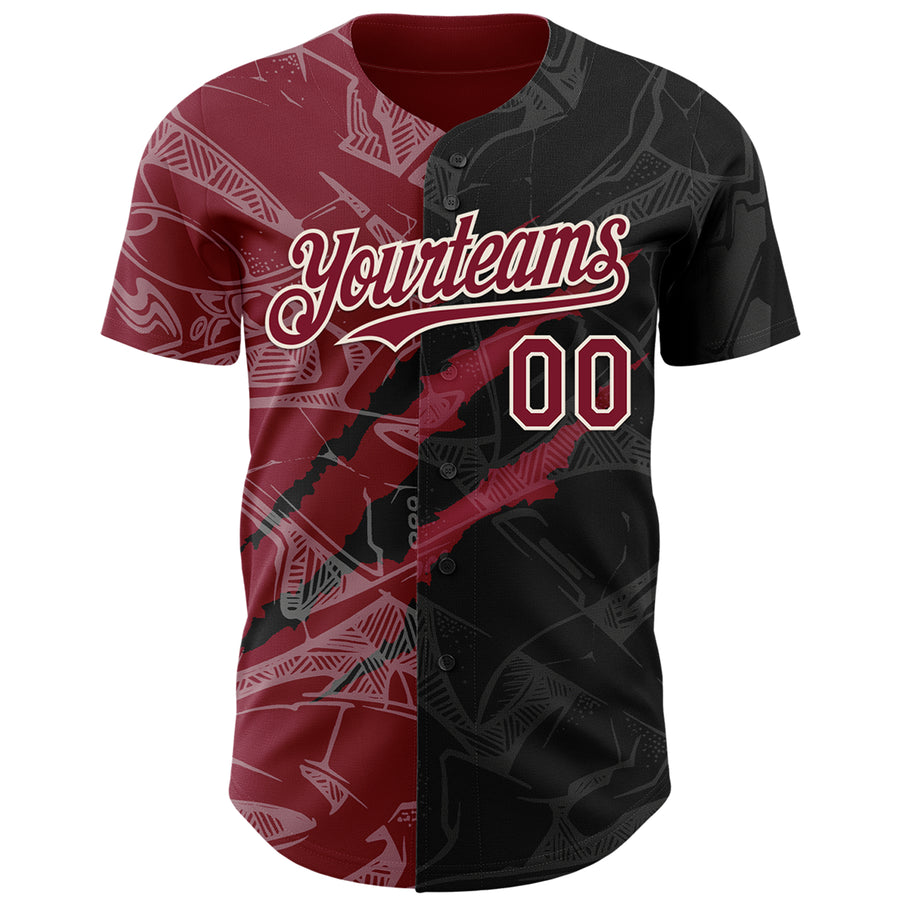 Custom Graffiti Pattern Crimson Black-Cream 3D Scratch Authentic Baseball Jersey
