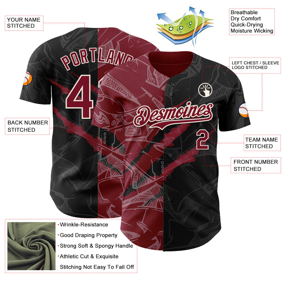 Custom Graffiti Pattern Crimson Black-Cream 3D Scratch Authentic Baseball Jersey