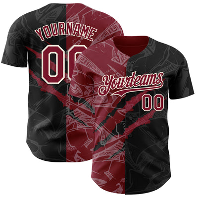 Custom Graffiti Pattern Crimson Black-Cream 3D Scratch Authentic Baseball Jersey