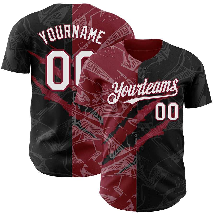 Custom Graffiti Pattern White Black-Crimson 3D Scratch Authentic Baseball Jersey
