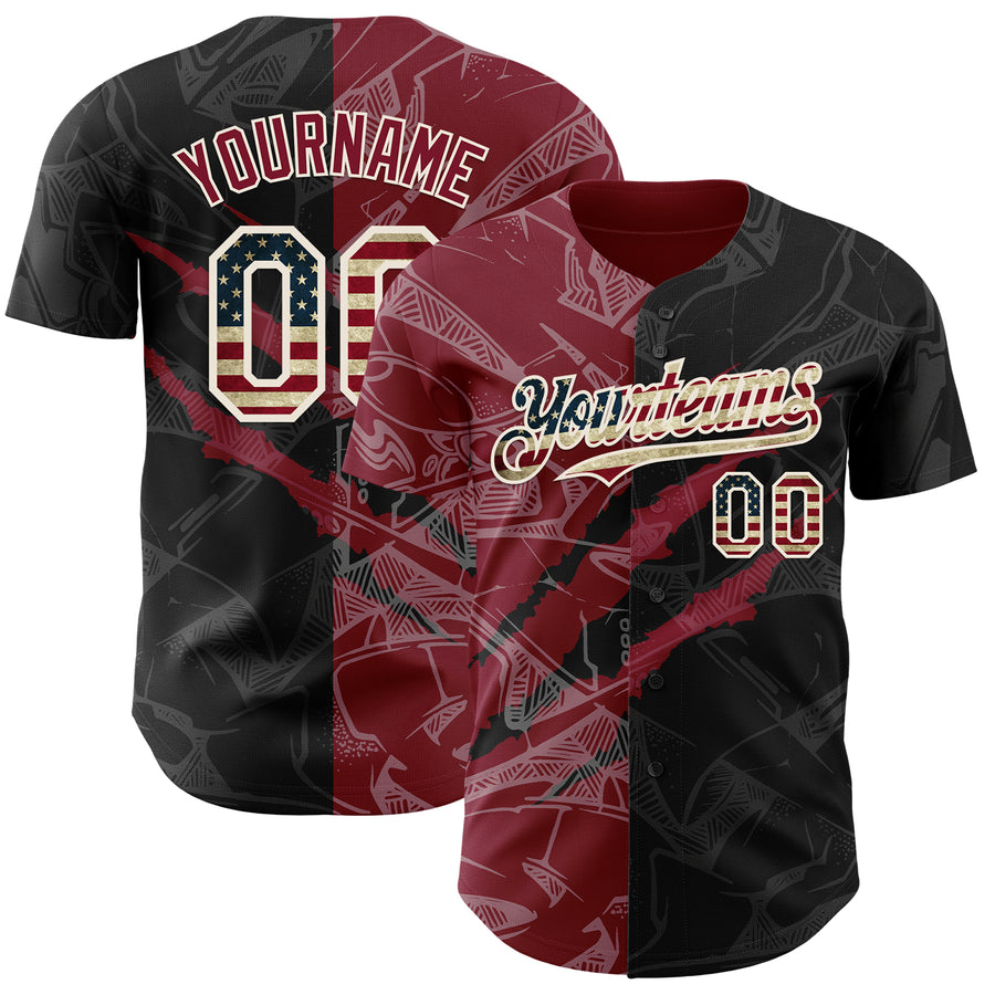Custom Graffiti Pattern Vintage USA Flag Black Crimson-Cream 3D Scratch Authentic Baseball Jersey