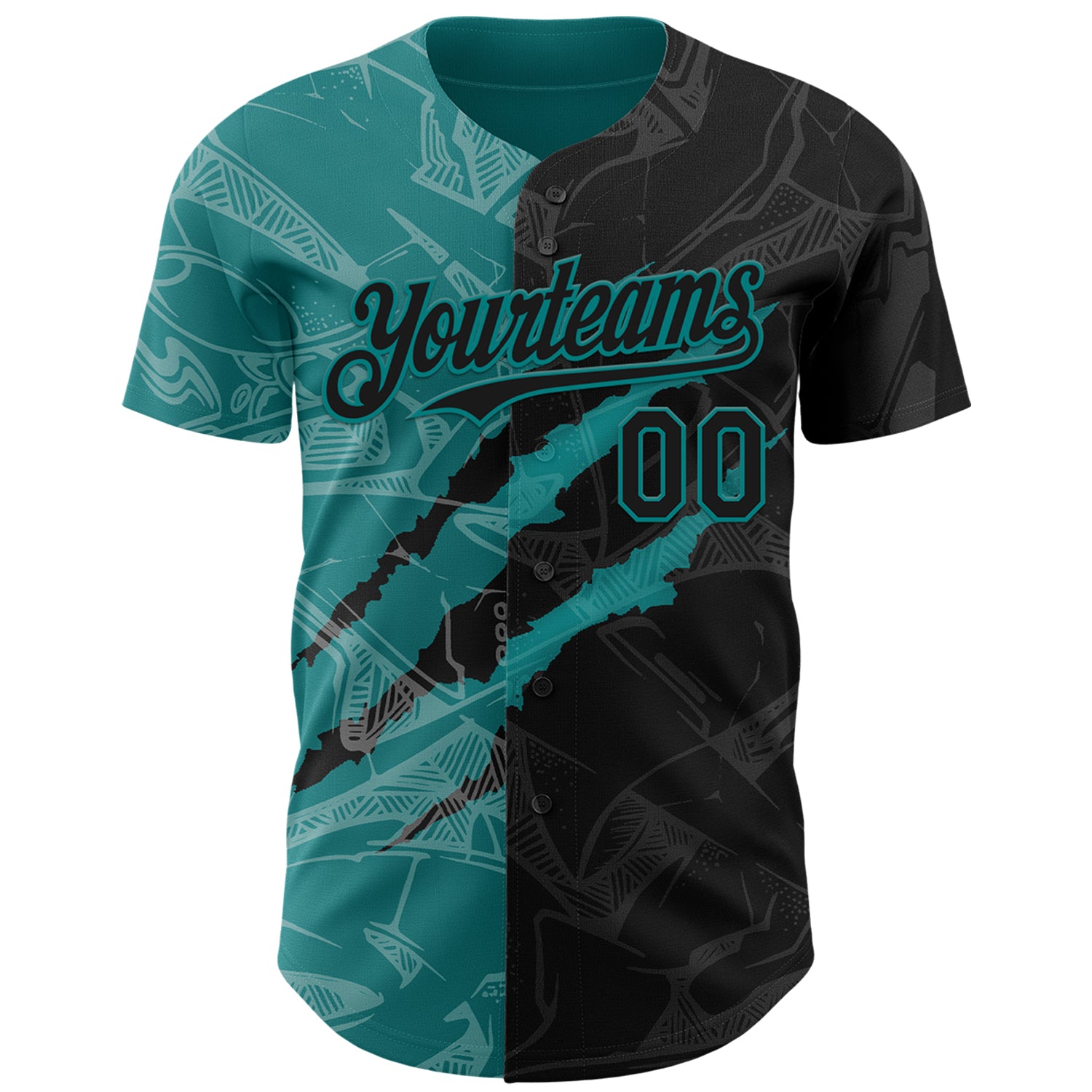 Custom Graffiti Pattern Black-Teal 3D Scratch Authentic Baseball Jersey
