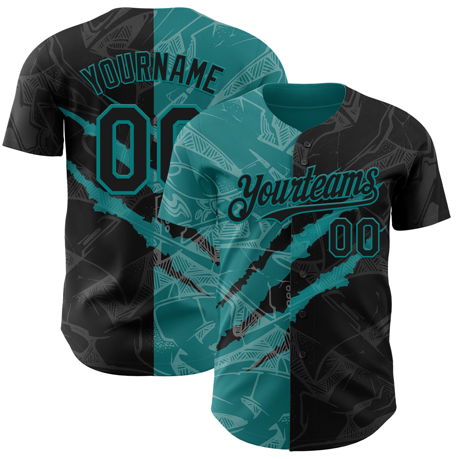Custom Graffiti Pattern Black-Teal 3D Scratch Authentic Baseball Jersey