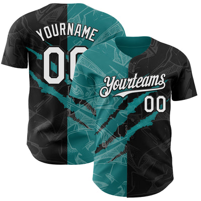 Custom Graffiti Pattern White Black-Teal 3D Scratch Authentic Baseball Jersey