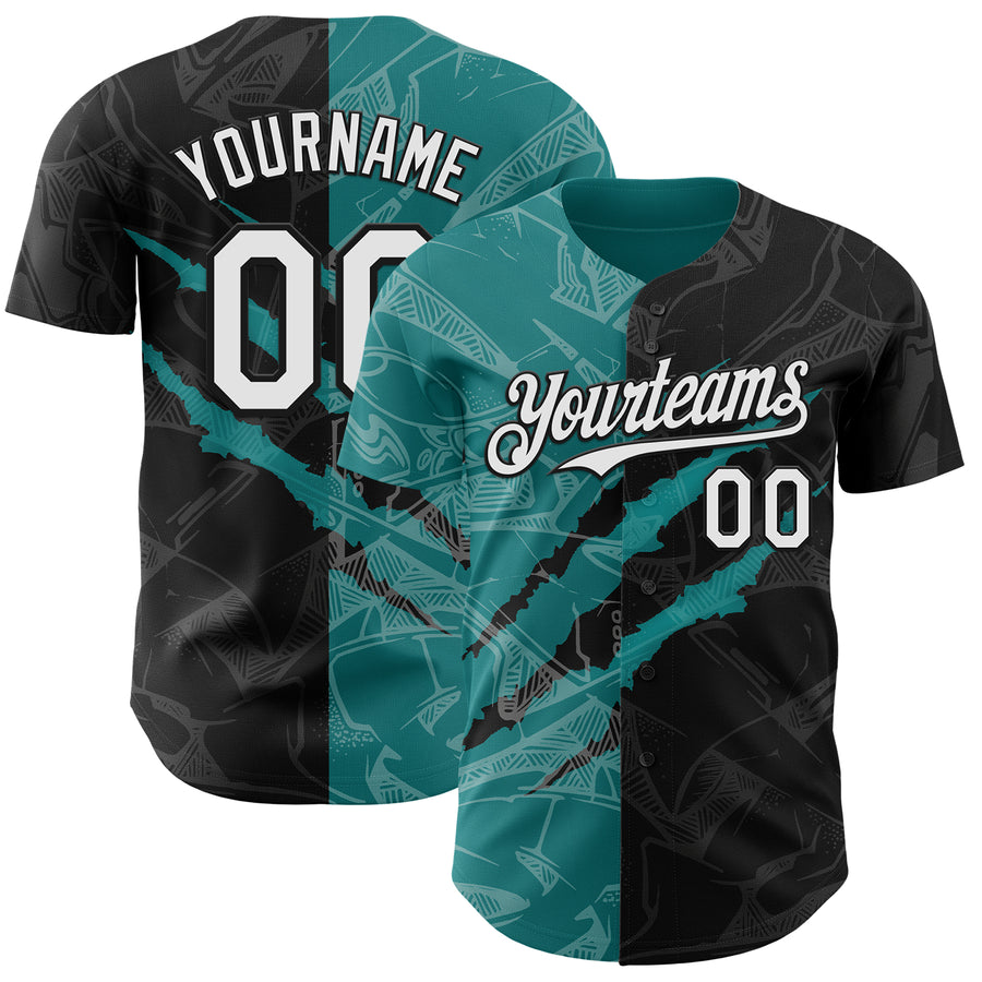 Custom Graffiti Pattern White Black-Teal 3D Scratch Authentic Baseball Jersey