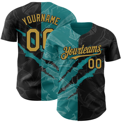 Custom Graffiti Pattern Old Gold Black-Teal 3D Scratch Authentic Baseball Jersey