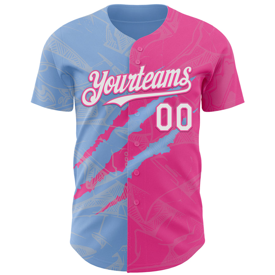 Custom Graffiti Pattern White Pink-Light Blue 3D Scratch Authentic Baseball Jersey