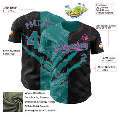 Custom Graffiti Pattern Teal Black-Pink 3D Scratch Authentic Baseball Jersey