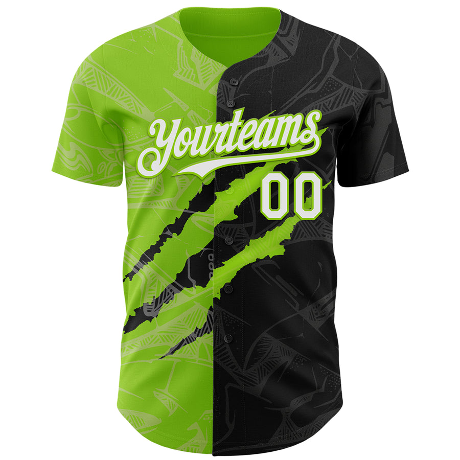 Custom Graffiti Pattern White Black-Neon Green 3D Scratch Authentic Baseball Jersey