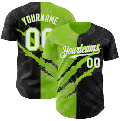 Custom Graffiti Pattern White Black-Neon Green 3D Scratch Authentic Baseball Jersey