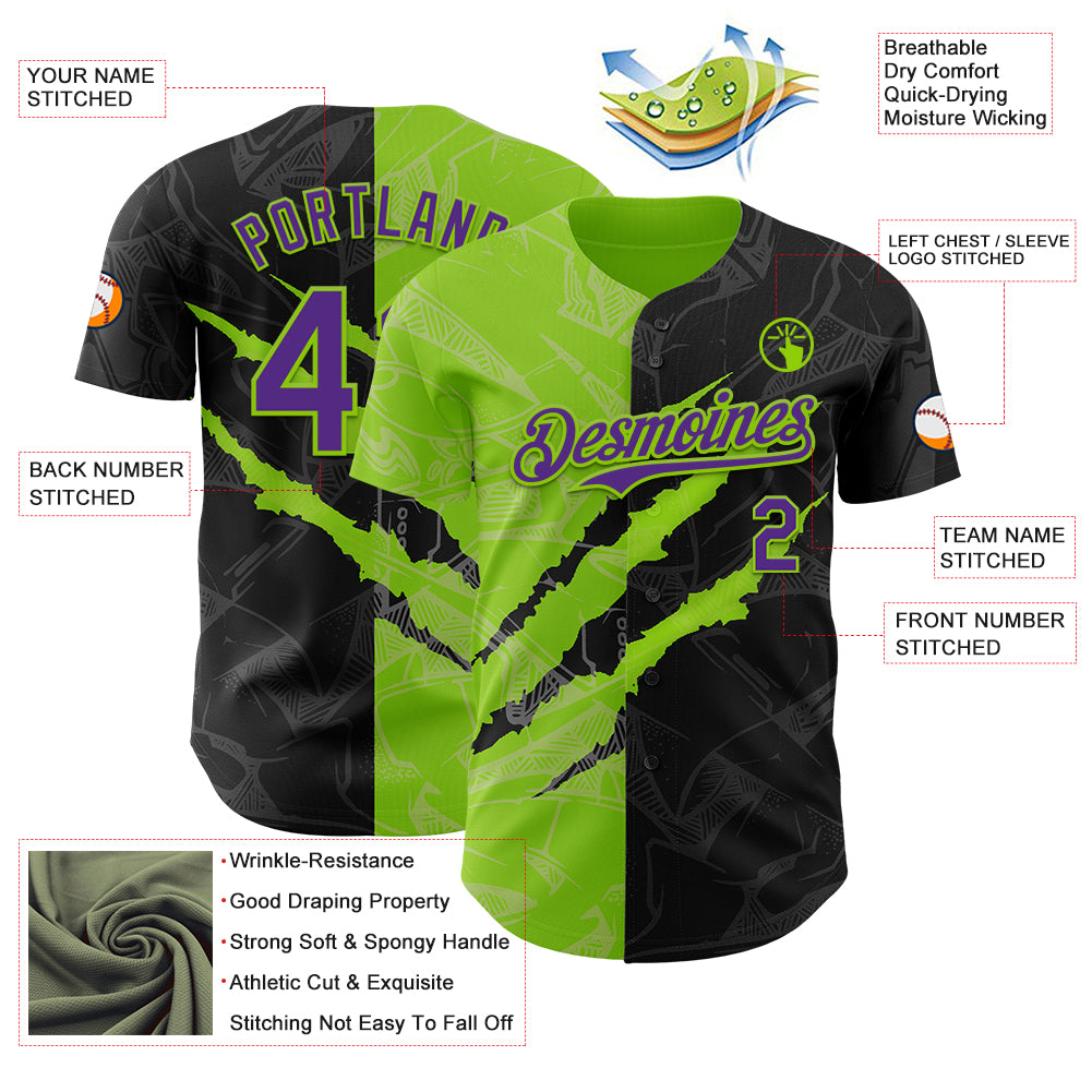 Custom Graffiti Pattern Purple Black-Neon Green 3D Scratch Authentic Baseball Jersey