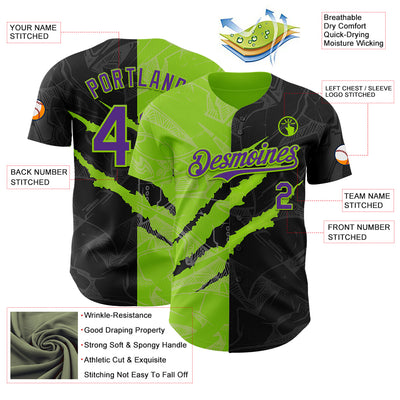 Custom Graffiti Pattern Purple Black-Neon Green 3D Scratch Authentic Baseball Jersey