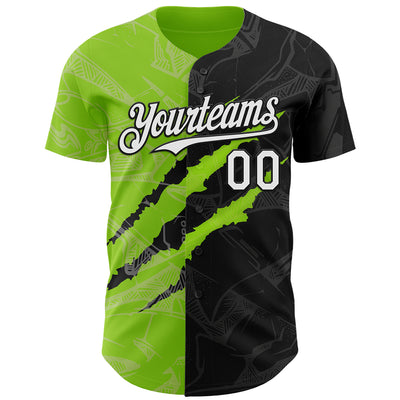 Custom Graffiti Pattern White Black-Neon Green 3D Scratch Authentic Baseball Jersey