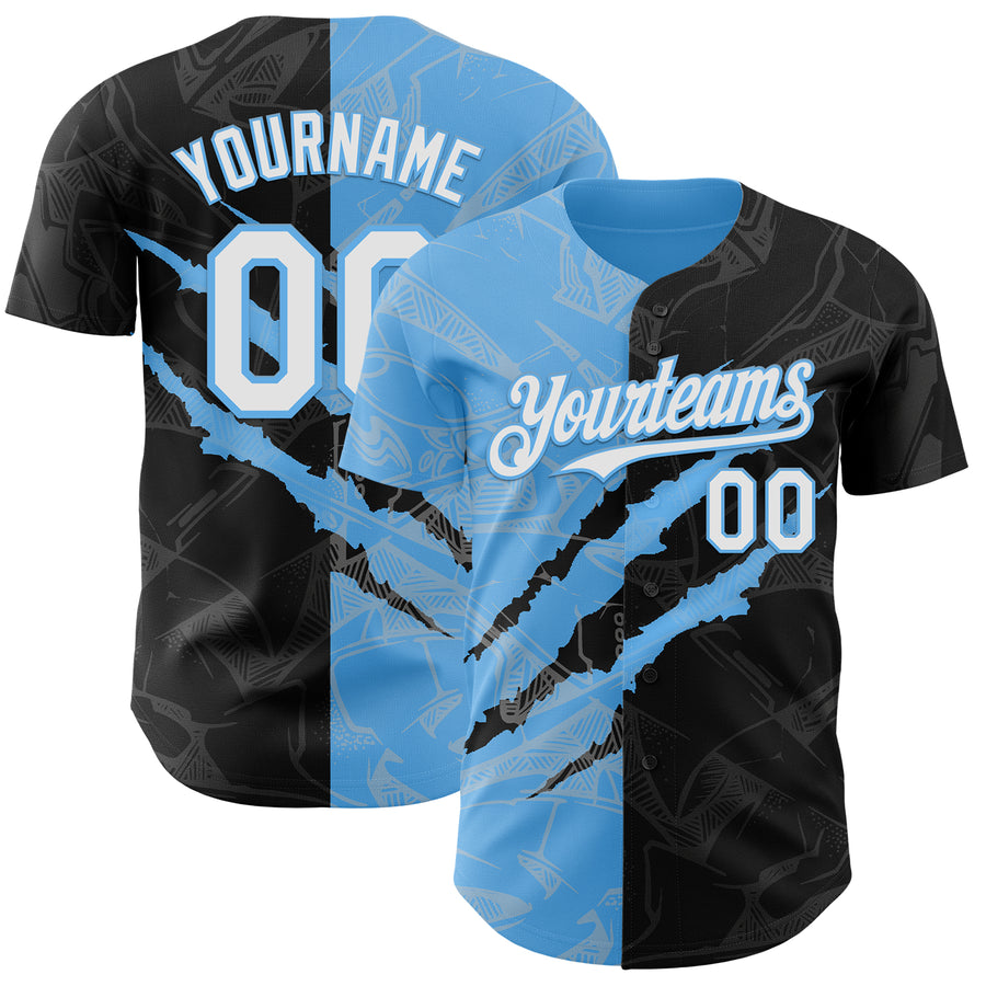 Custom Graffiti Pattern White Black-Sky Blue 3D Scratch Authentic Baseball Jersey