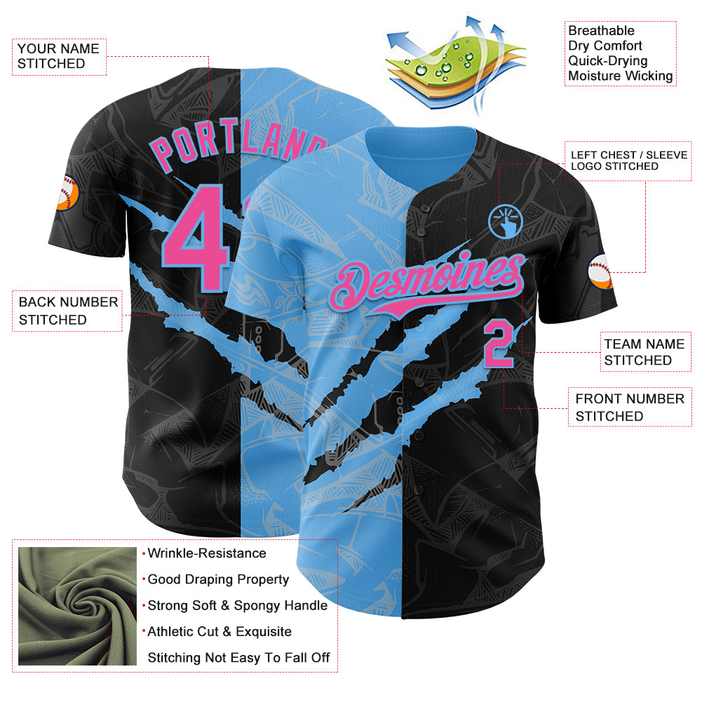 Custom Graffiti Pattern Pink Black-Sky Blue 3D Scratch Authentic Baseball Jersey