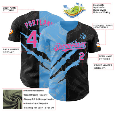 Custom Graffiti Pattern Pink Black-Sky Blue 3D Scratch Authentic Baseball Jersey