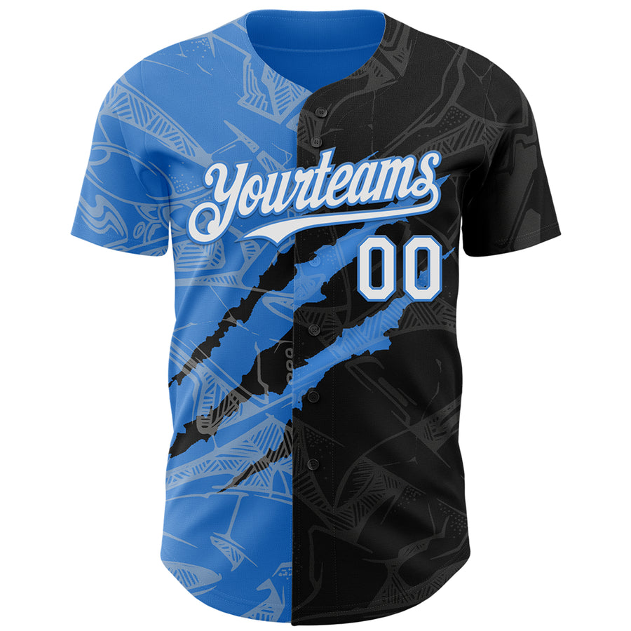 Custom Graffiti Pattern White Black-Electric Blue 3D Scratch Authentic Baseball Jersey