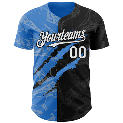 Custom Graffiti Pattern White Black-Electric Blue 3D Scratch Authentic Baseball Jersey